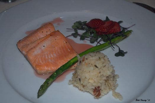  Baked Idaho Trout with a Strawberry Beurre Rouge, Roasted Almond Rice Pilaf and Asparagus
