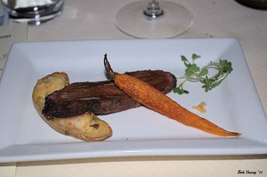  Pepper Crusted Smoked Flat Iron Steak, Bourbon Glaze, Twice Baked Fingerling Potato and Baby Carrot